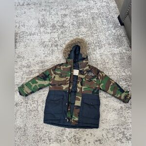 Boys Zara Kids Camo Puffer Jacket Parka Size 7 Faux Fur Hood Winter Coat